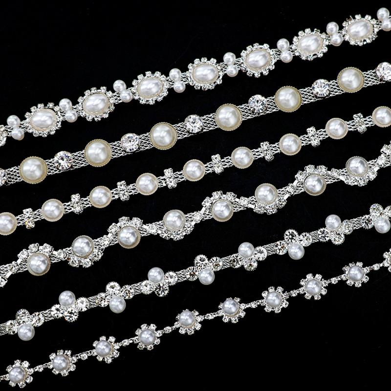 10Yards Rhinestone Chain Crystal Diamond Rhinestone Interval Pearl Chain Clothing Accessories DIY Wedding Party Decoration Gift