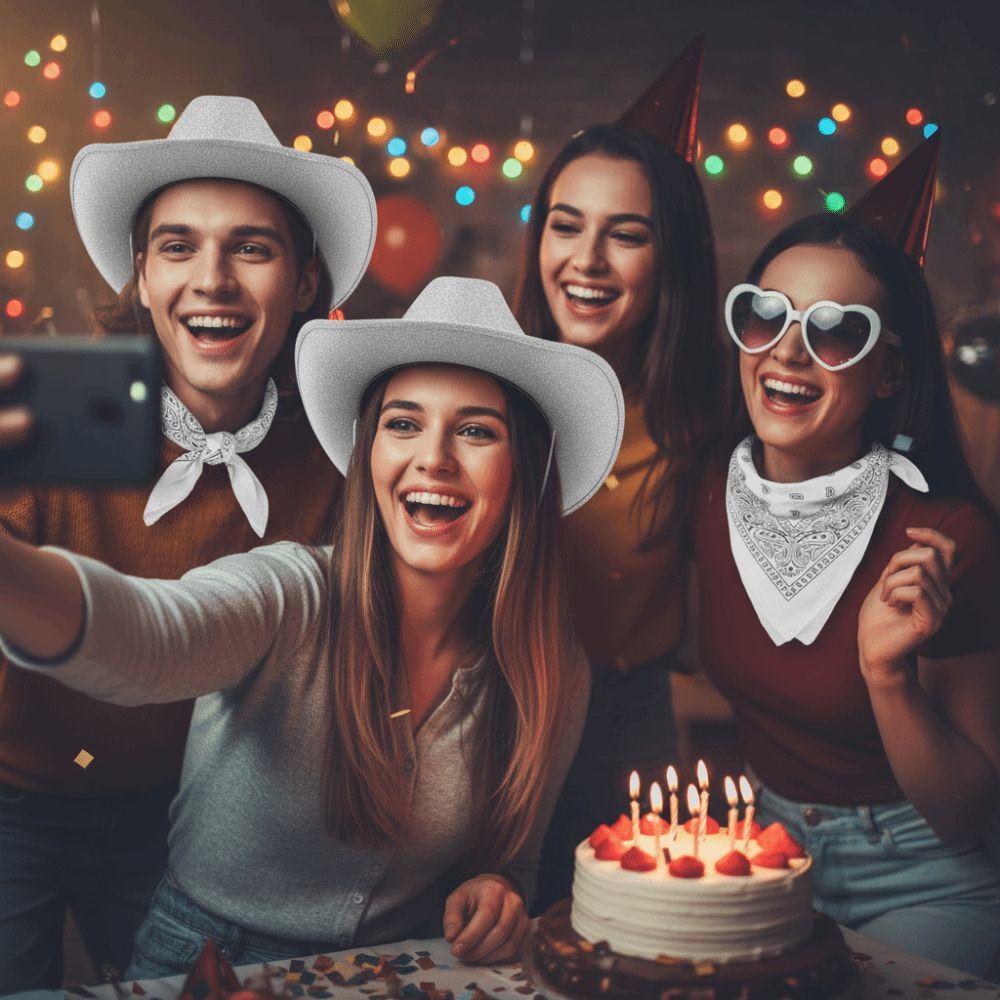 3pcs/Set Wide Brim Sparkling Powder Denim Hat Bandana Pink Cowboy Hat  Costume Party