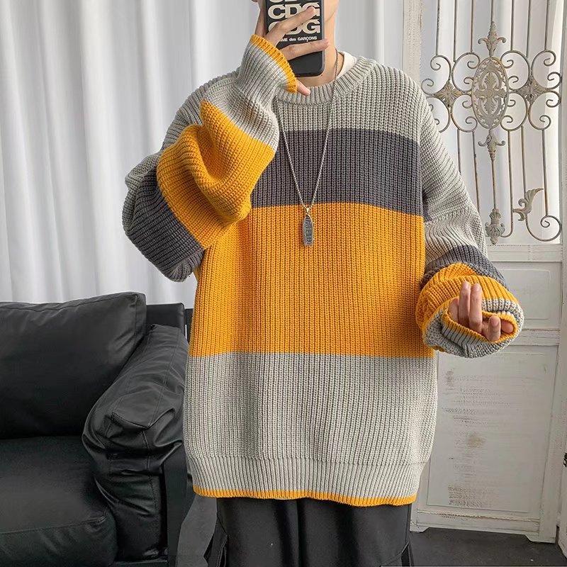 Japanischer Stil Gestreifter Pullover Männlich O-Ausschnitt Pullover Pullover für Männer Locker Lässiger Pullover Übergröße Gestricktes Partner-Outfit Korea