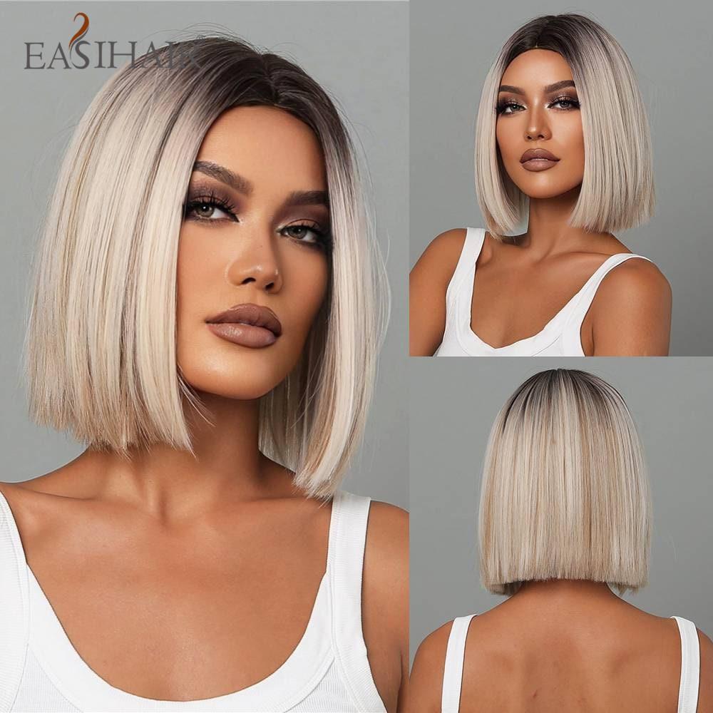 EASIHAIR Synthetic Bob Wigs with Bang Short Straight Light Blonde Beige Natural Hair Wigs for Women Daily Cosplay Heat Resistant
