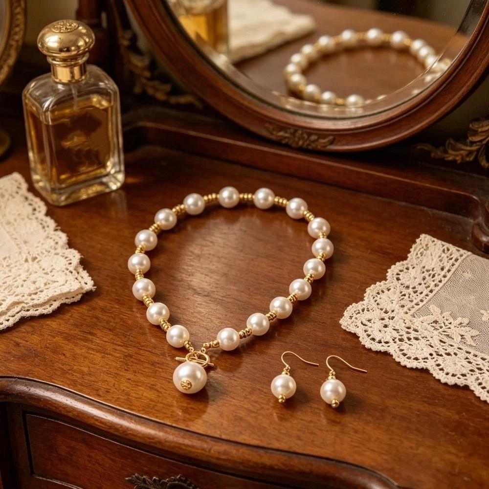 Zircon Pearl Necklace Beaded Earrings Necklace Set New Women's Pearl Jewelry  Anniversary