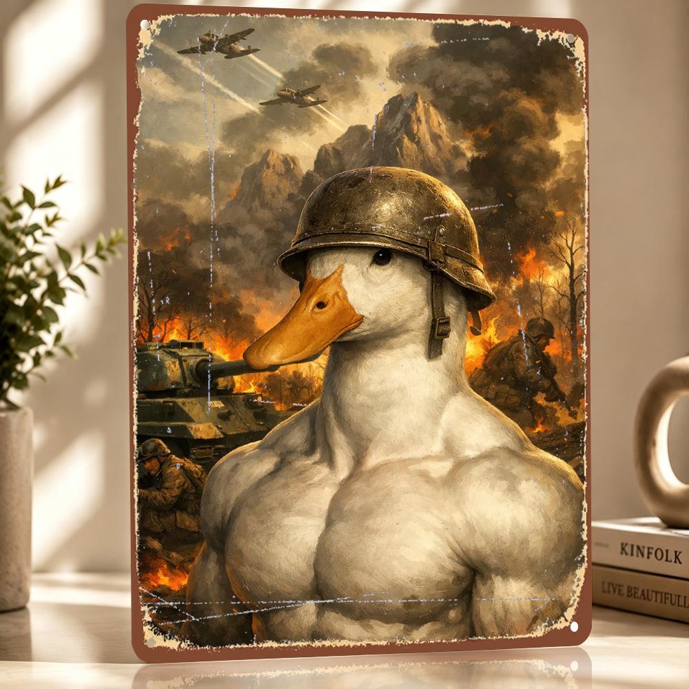 Muscular Duck Soldier In War Scene Personalized D Textured Metal Poster Wall Art Tinplate Sign for Luxury Decoration Home Room