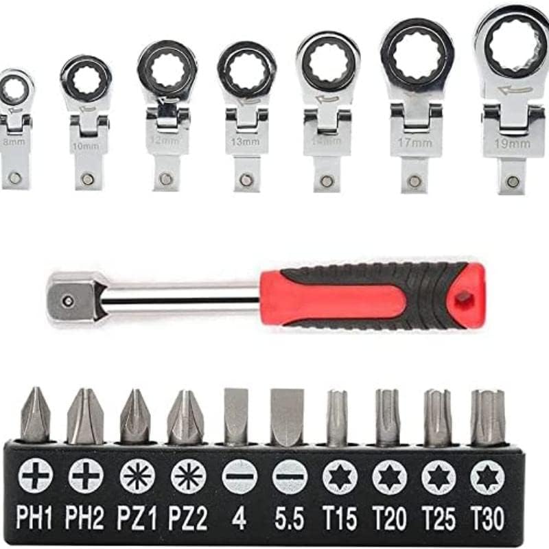 

8mm-19mm Metric Replaceable Diameter One-way Ratchet Heads, 20 Piece Flex Head Ratchet Wrench Set, Combination Ended Spanner Kit чёрный