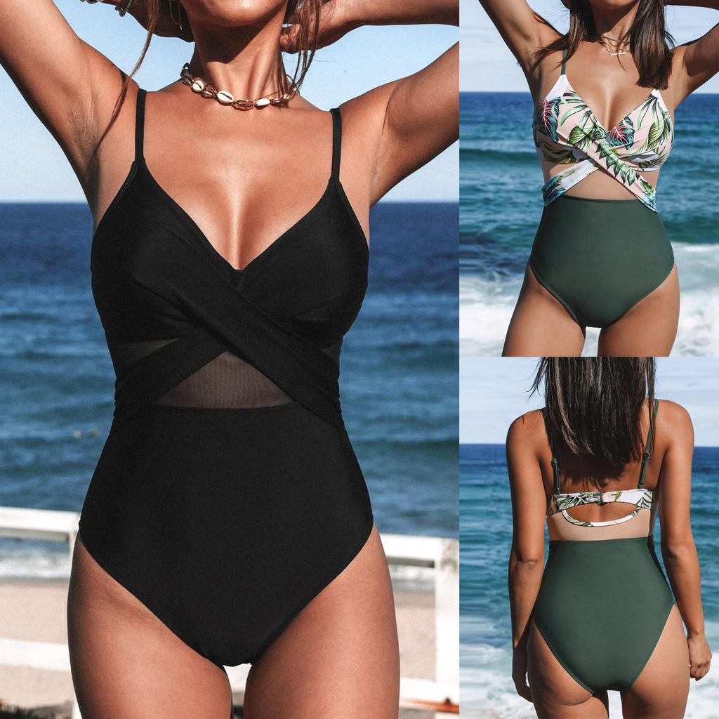 Women's V-neck One-piece Swimsuit Wrapped Mesh Swimsuit Adjustable Thin Shoulder Strap