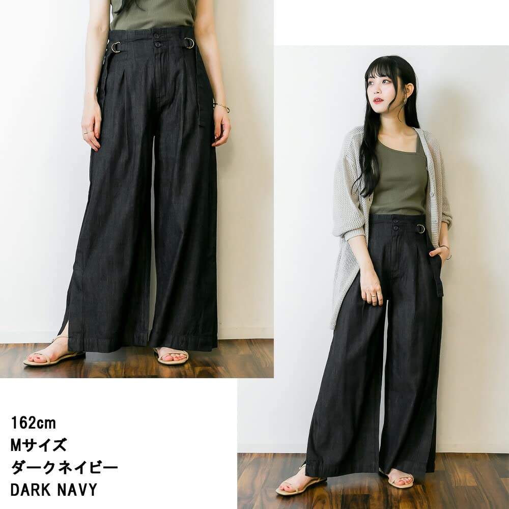 atONE Denim Pants with Hem Belt Plus Wide Sizes 4L Dark ATD-0020 High-Waist Wide-Leg Slits, Included, Sizes, Fit, Elastic, Lightweight, Lightweight,