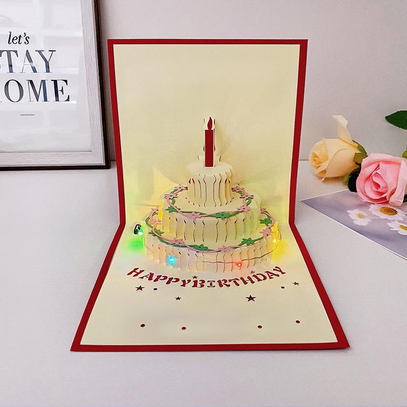 Carte pop-up Gâteau d'anniversaire musical 3D avec lumières colorées et enregistrement