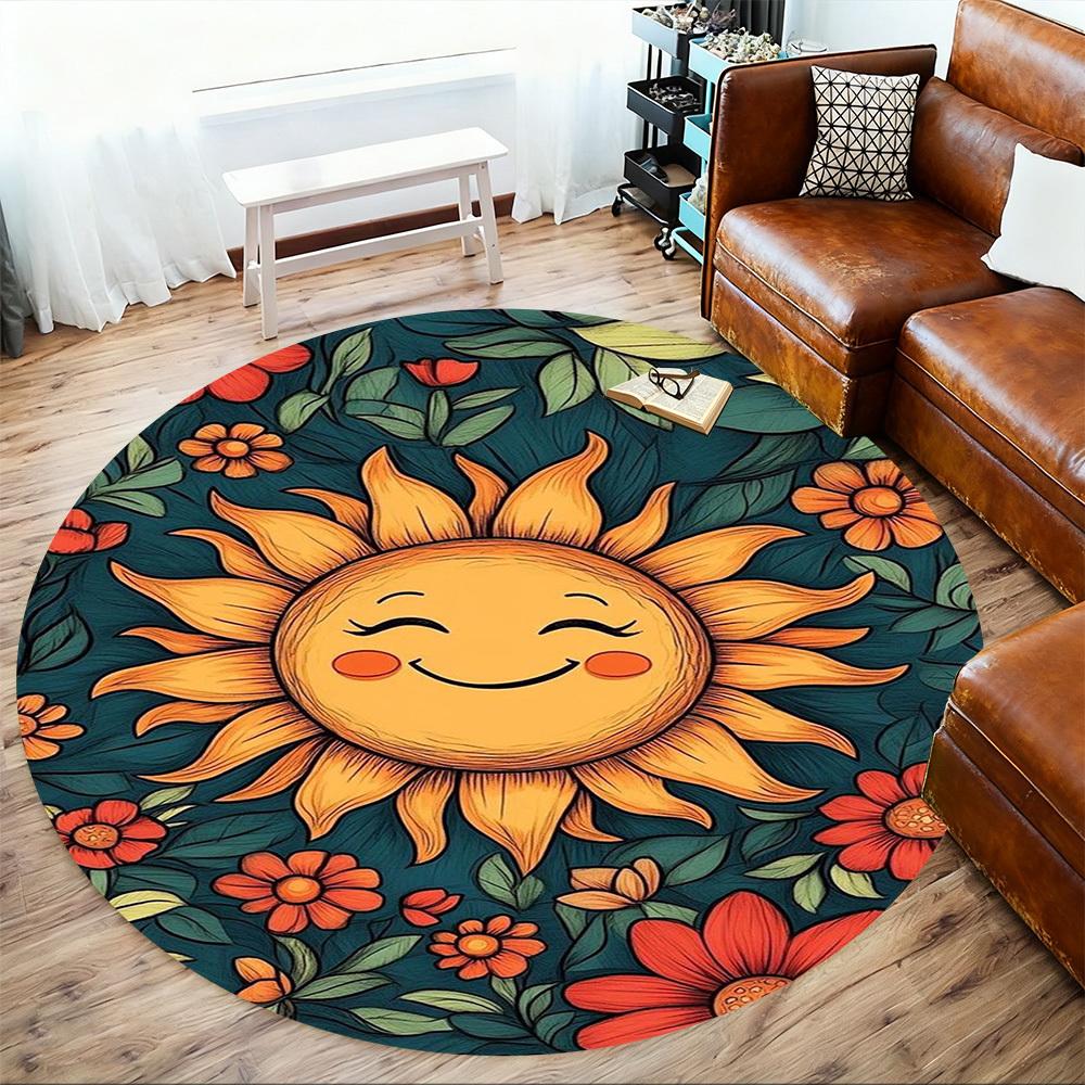 1PC Sunflower Floral Happy Round Chair Mat Area Rug - Non-Slip, Floor Mat for Office, Bedroom, Home Decor Christmas Gift C0528076