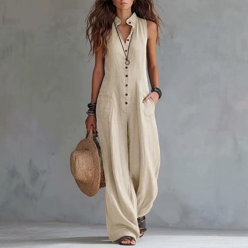 2026 Amazon Independent Site Bestseller Women's Casual Stand Collar Single-Breasted Sleeveless Textured Cotton-Linen Long Jumpsuit