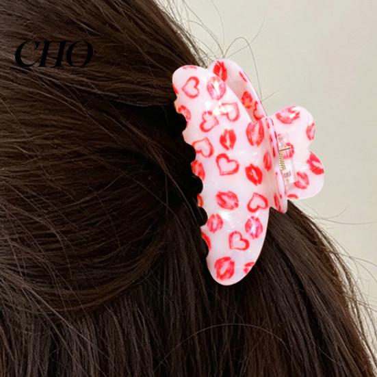 Strong Hold Hair Claw Anti-slip Teeth Leopard Heart Print Clip Pink Series Women Medium Size Back Head Shark Grip Accessory Multiple Colors