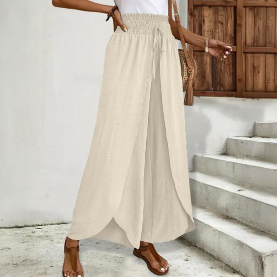 Women Pants Elastic Waist High Side Split Casual Pants Spring Summer Autumn Breathable Solid Color Loose Fit Wide Legs Trousers