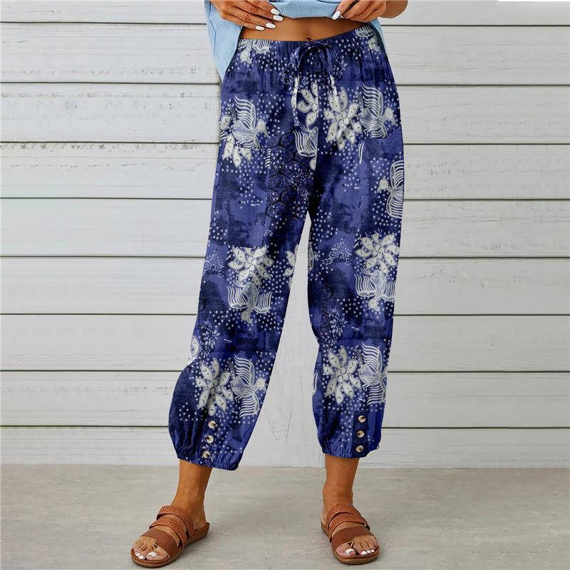 Summer Women's Pants Cotton Linen High Waist Drawstring Nine-quarter Pants Elastic Waist Bundle Foot Mouth Retro Print Pants