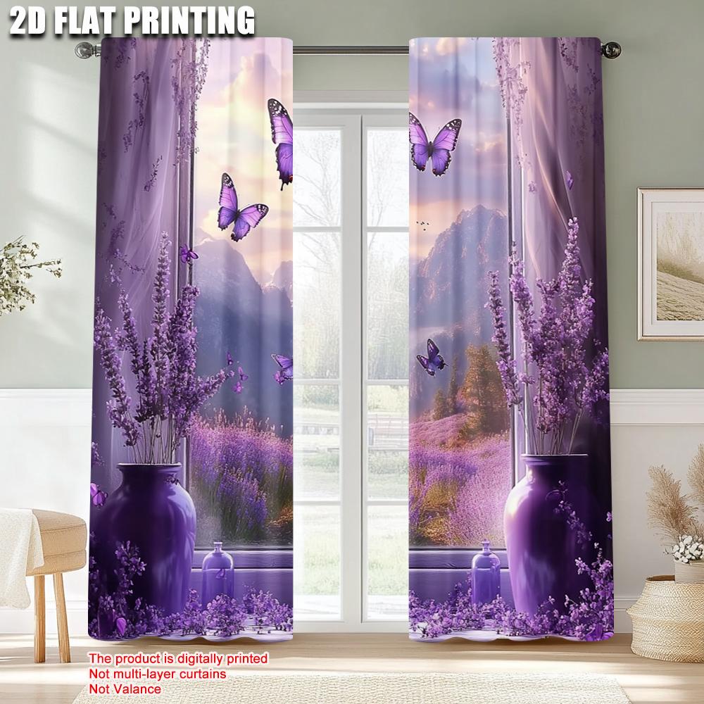 2pcs, Print Curtains 2D Plane Printing Lavender Scene Fabric (without Rod) Thermal Insulation, and Room Darkening Functions