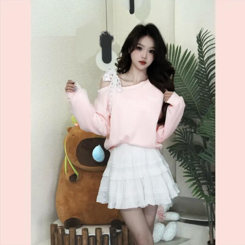 

Весна 2025 Синий Преппи Милый Универсальный Топ с Длинным Рукавом и Дизайном Скошенного Плеча L (60-70kg) розовый