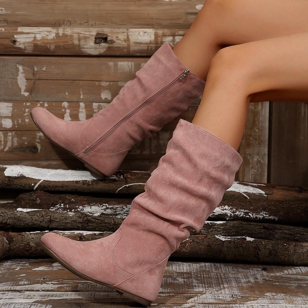 Pleated Design Slip on Western Boots for Woman Flat Suede Flock Thick Heels Cowboy Boots Woman Side Zipper Mid-calf Short Botas