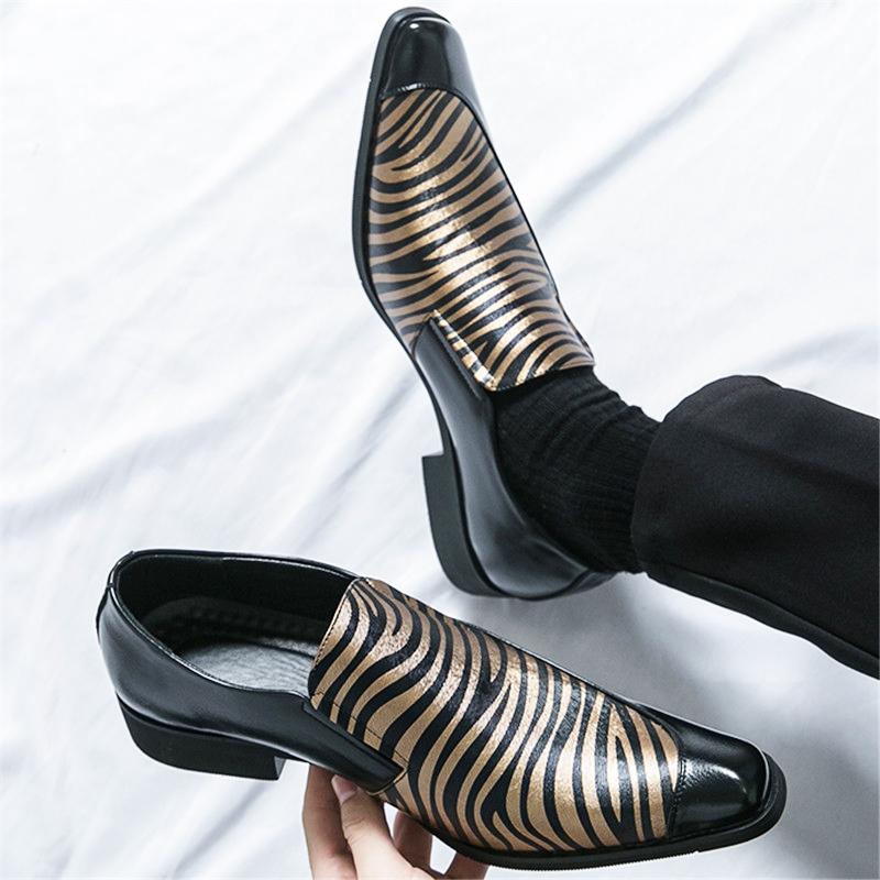 New Gentleman Pointed Rock Punk Stripe Pattern Loafers Shoes For Men Wedding Dress Prom Groom Homecoming Zapatos Hombre