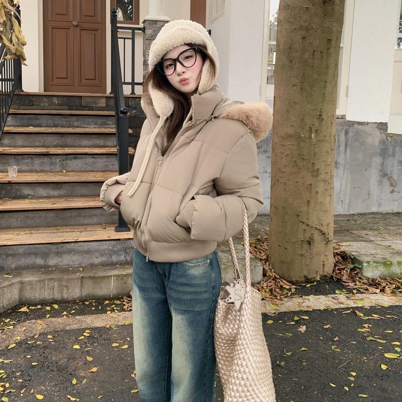 Season fur collar casual cotton jacket short design women's warm down cotton jacket hooded jacket