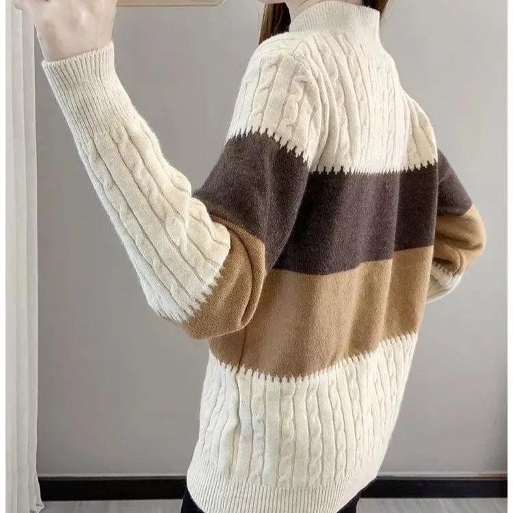 Half Turtleneck Knitwear for Women Loose Thickened Color-blocked Sweater Autumn and Winter Casual Top Pullover Winter Knitted Sweater