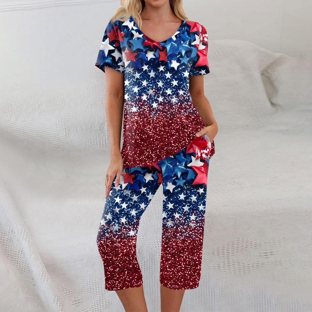 2 Piece Sets For Women Short Sleeve Top And Pants With Pockets Workout Soft  Print Sets