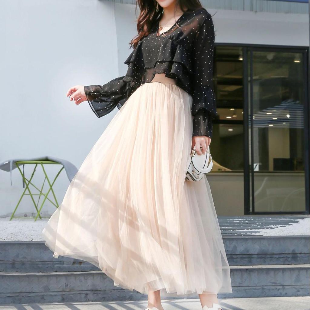 Spring-Summer Korean A-Line Pleated Mesh Skirt - High Waist, Slimming Tulle Mid-Length Skirt