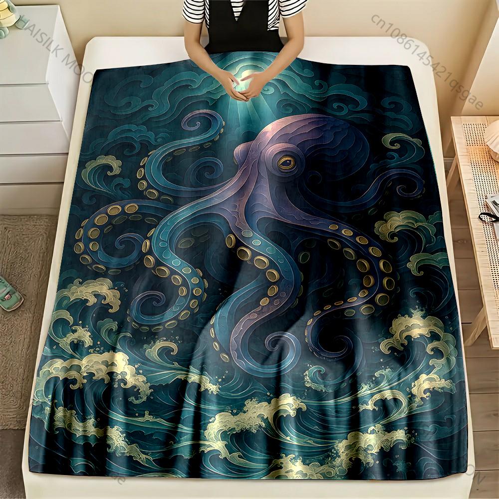 1PC Giant octopus waves light beam Print Blanket Flannel Material Soft Warm for All Seasons Home Outdoor Camping Picnics RV
