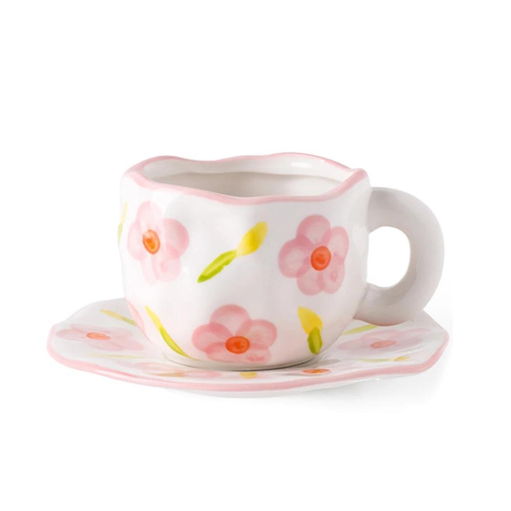 Hand-painted Flower Ceramic Coffee Cup Home Office Mug With Plate Spoon Breakfast Milk Juice Tea Handle Cup Gift Drinkware Set