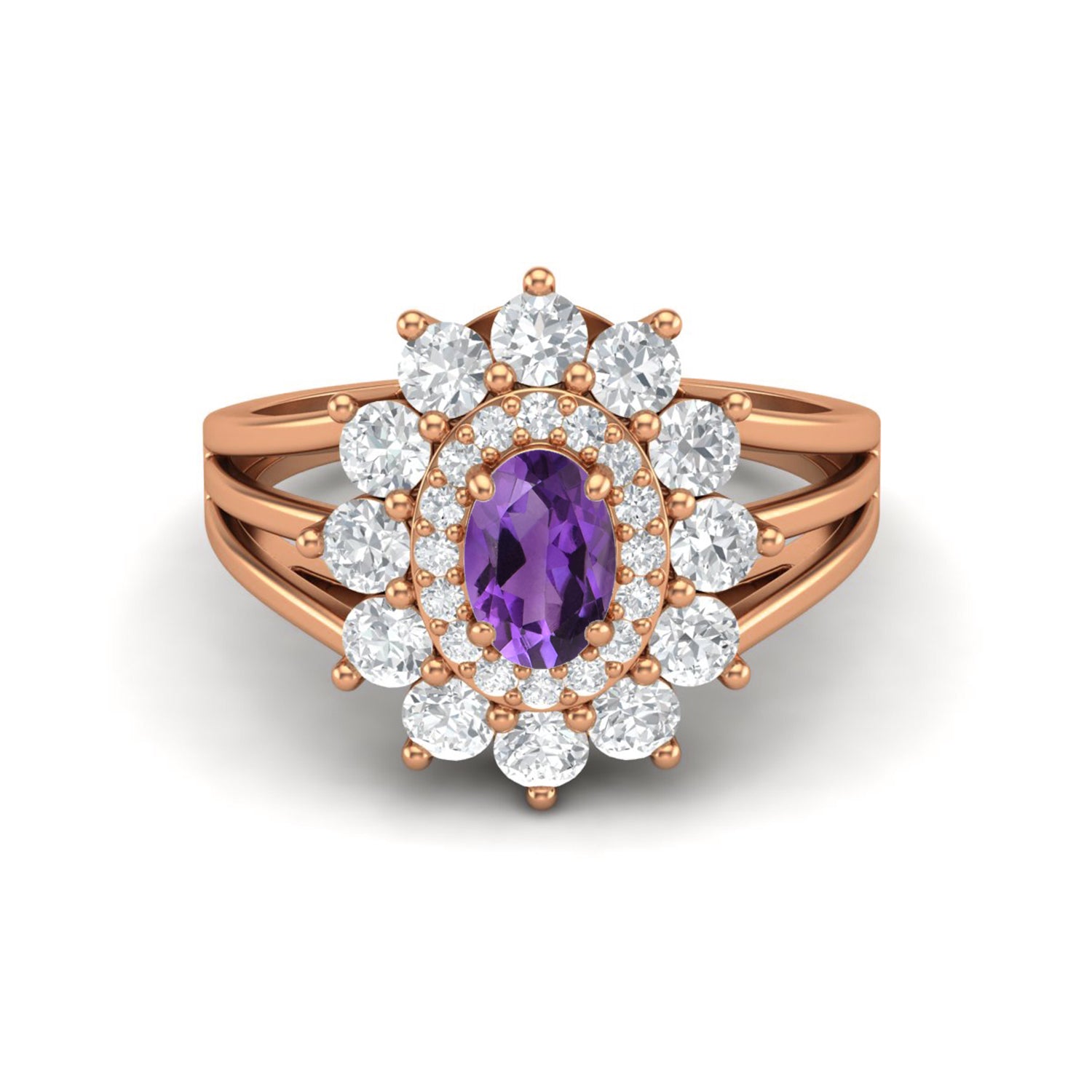 

6X4MM Oval Amethyst Gemstone 925 Sterling Silver Rose Plated Halo Split Shank Ring 7.5 Яскраво-рожевий