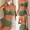 New Multi-color Printing Split Solid Color Gathering Bikini High Waist Explosion Swimsuit