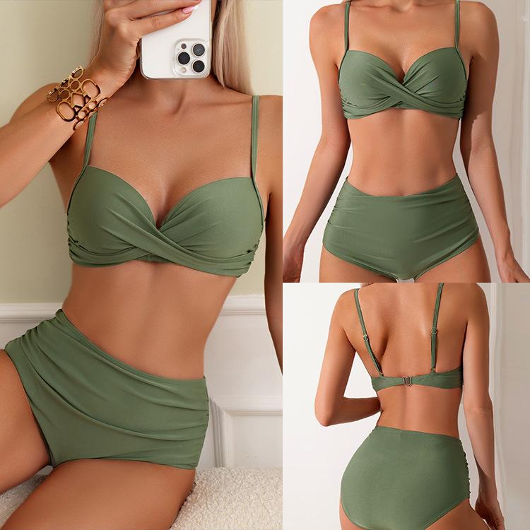 New Multi-color Printing Split Solid Color Gathering Bikini High Waist Explosion Swimsuit