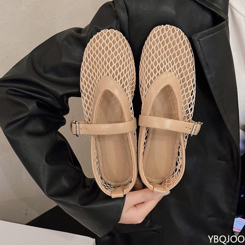 Flat bottomed hollow summer sandals single shoe round toe straight buckle casual comfortable hollow simple women's flat shoes