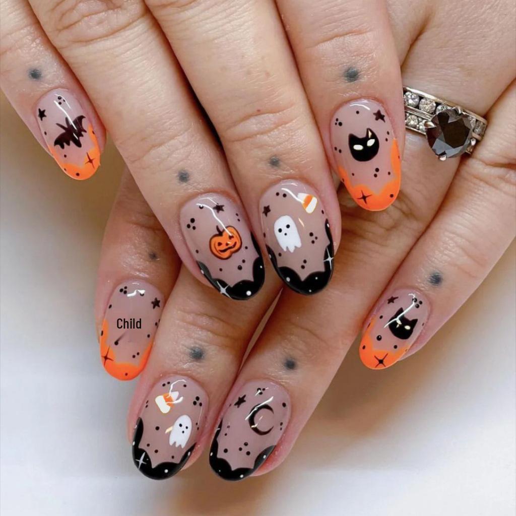 WM-99 Halloween Ghost & Pumpkin False Nail Tips - Star & Moon Design