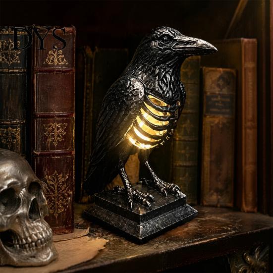Dark Punk Room Decor Gothic Halloween Table Lamp, Spooky Raven Bat Skeleton Vintage Unique Gifts for Goth Lovers Resin LED Night Light Party, Tabletop