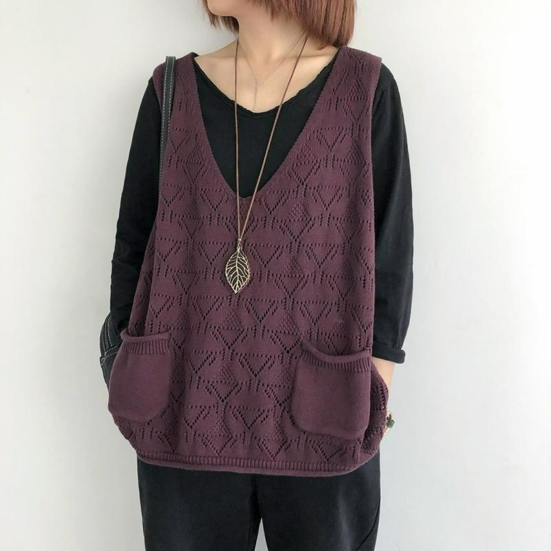 V-neck Rhombic Knitted Vest Women's Spring and Autumn Loose Outer Wear Hollow Sweater Vest Casual Sleeveless Vest