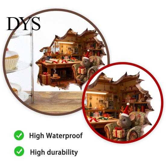 Holiday Home Decor Gifts Christmas Mouse Wall Sticker, 3D Realistic Cute Illustrations Decal, Party Glass Waterproof PVC Decorative for Decoration