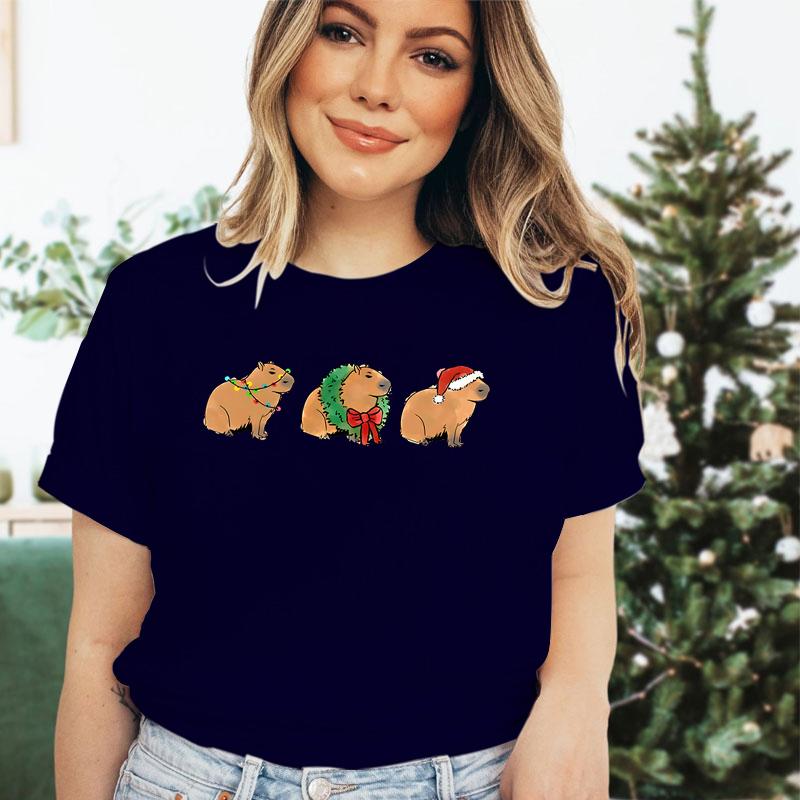 Merry Christmas Capybaras Print Women Fashion Casual Tshirts Capybara Kawaii Cartoon Tee Capybaras Lover Christmas Gift Tshirt