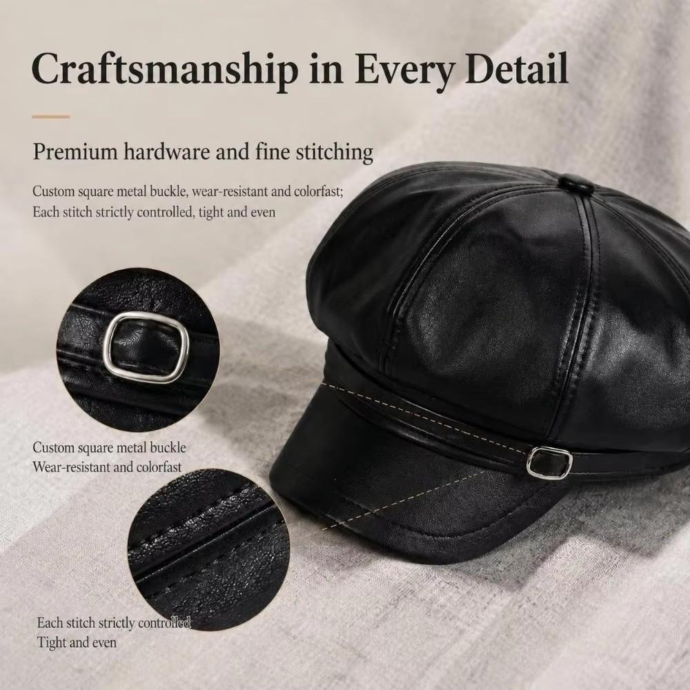 Versatile PU Beret Cap Solid Color Octagonal hat Casual Leather Painter Hat Woman