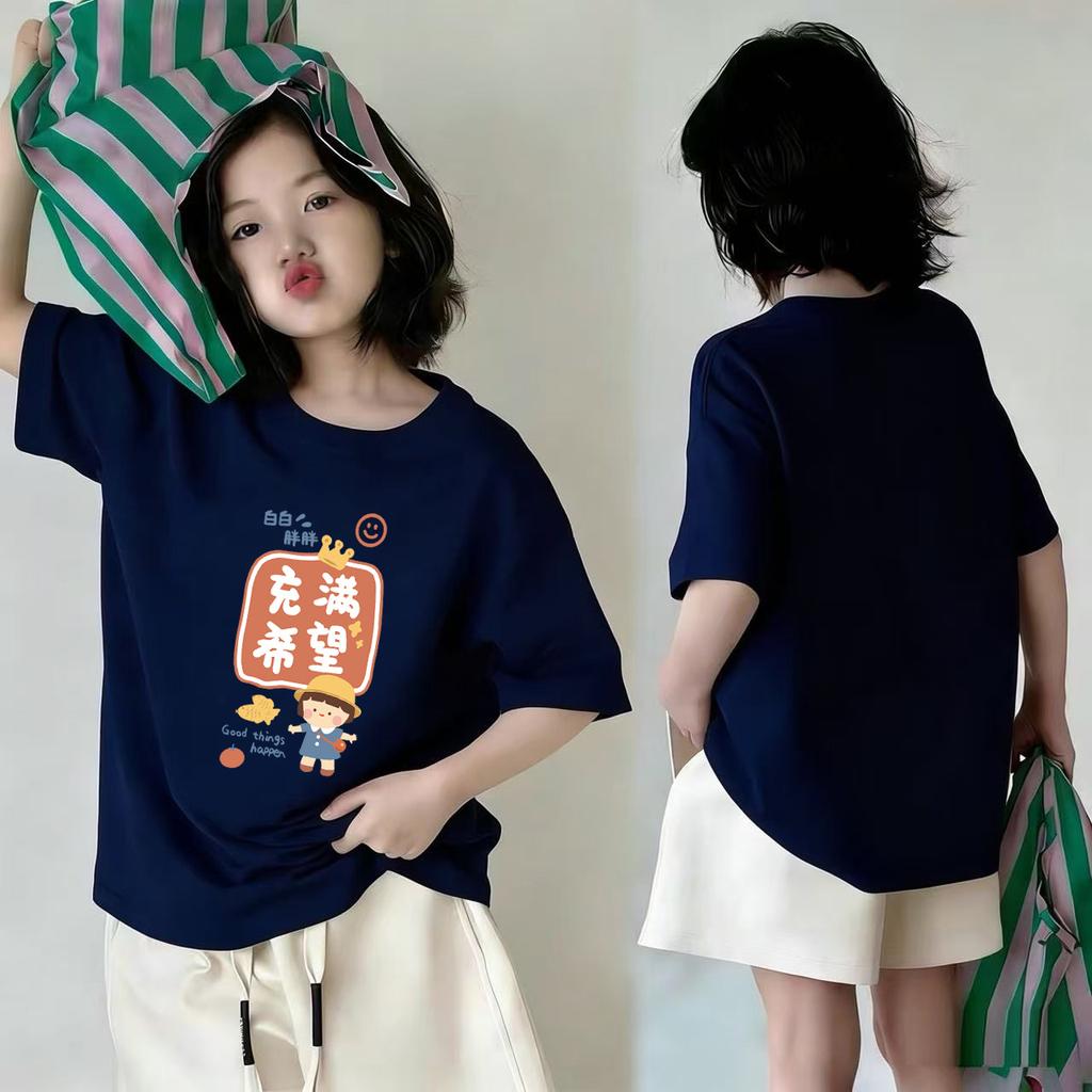 Girls Summer Cotton Cartoon Short Sleeve T Shirt White Round Neck Sweat Absorbing Top For Big Kids