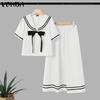 VONDA Two Pieces Women Girls College Style Sets Naval Collar Short Sleeve Blouse and Long Skirts Outfits 