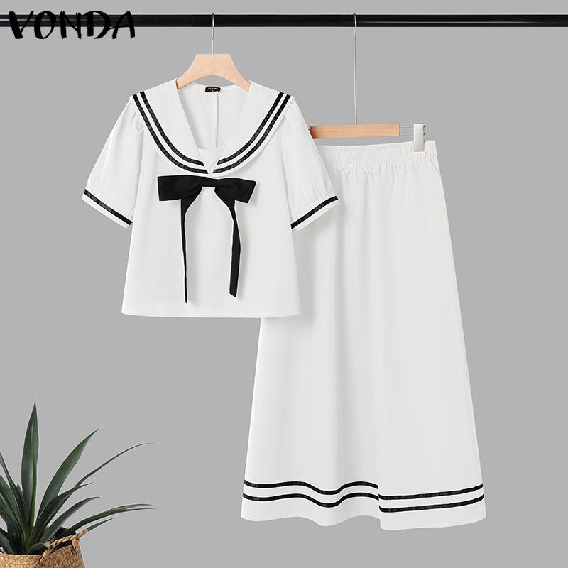 VONDA Two Pieces Women Girls College Style Sets Naval Collar Short Sleeve Blouse and Long Skirts Outfits 