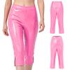 Hohe Taille Spaltbein Glänzende PU-Leder Capri-Hose Skinny Wet-Look Leggings für Damen Rave Club Y2K Outfit