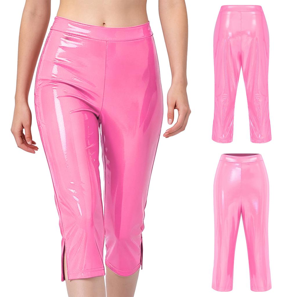 Hohe Taille Spaltbein Glänzende PU-Leder Capri-Hose Skinny Wet-Look Leggings für Damen Rave Club Y2K Outfit