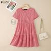 ZANZEA Women Casual Round Neck Summer Short Sleeve Plaid Print Dress