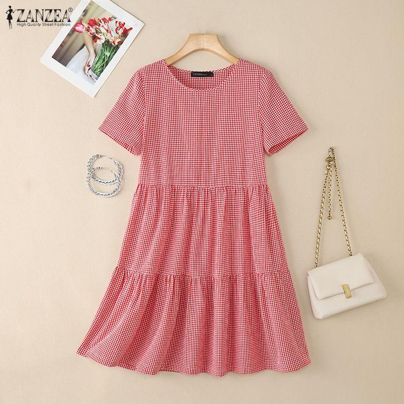 ZANZEA Women Casual Round Neck Summer Short Sleeve Plaid Print Dress