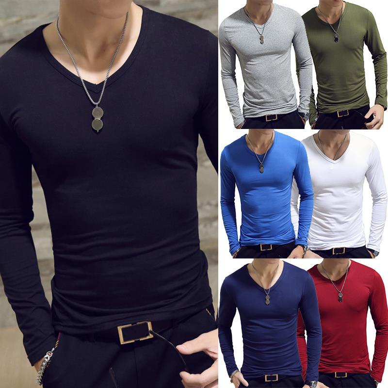 Buy Special Slim Fit Men T-shirt Long Sleeve Tops Pullover V-Neck ...