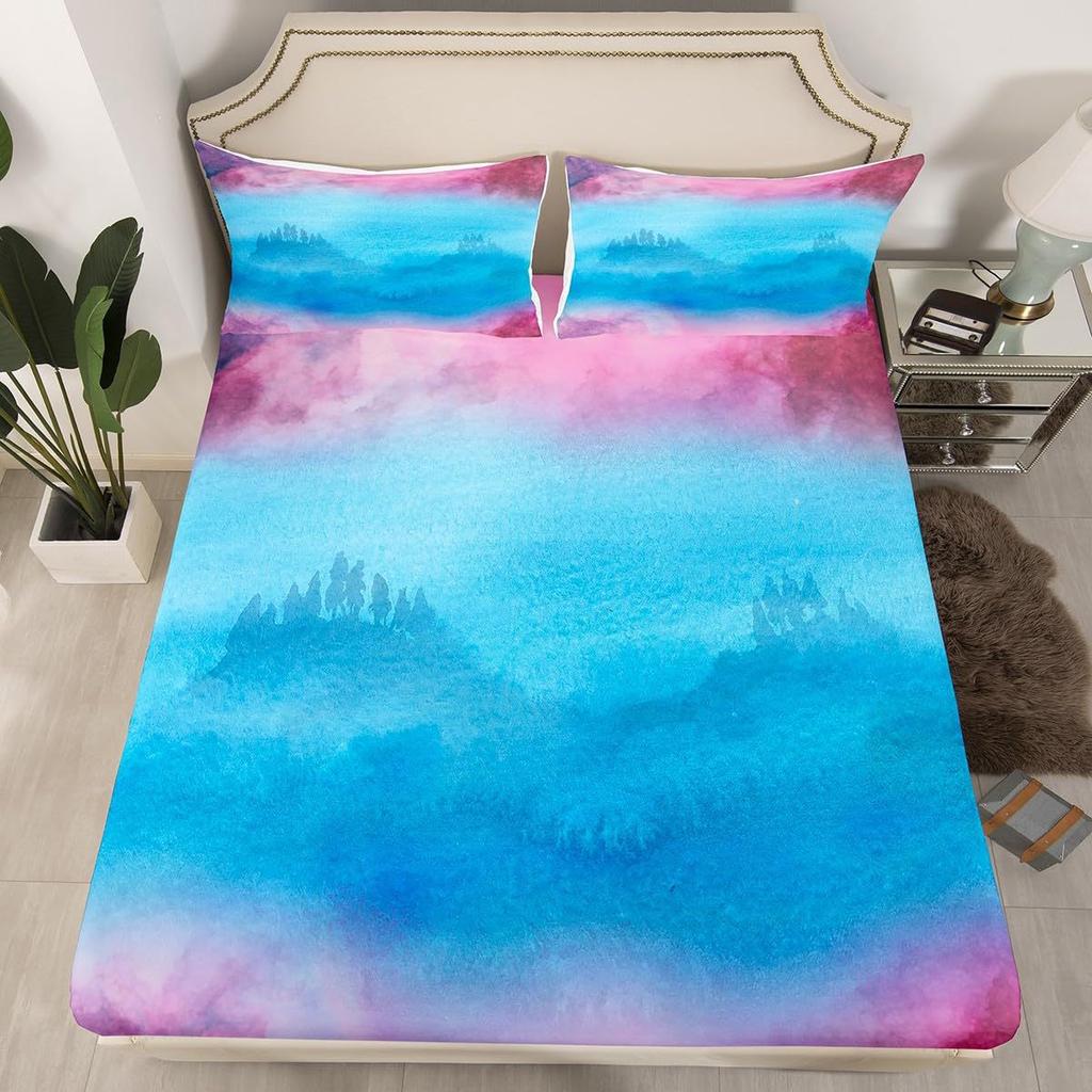 Simple And Gradual Change Purple And Blue Mattress Three-Piece Digital Printing Mattress Bedding Set Adult Children