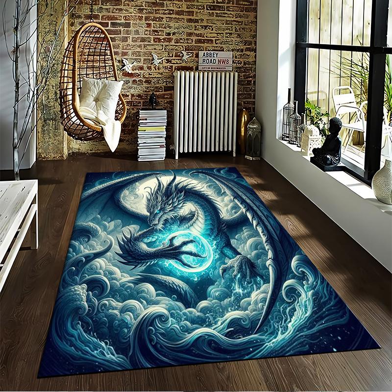Dragon Carpet with Mystical Blue Orb Design, Fantasy Style Decor Suitable for Use As an Anti-slip for Living Room Bedroom Sofas
