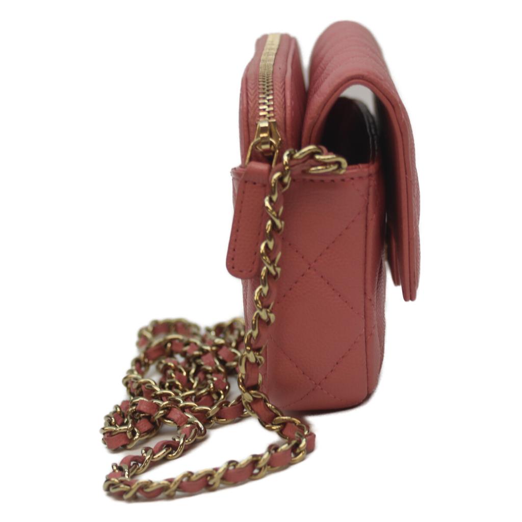 CHANEL AP2096 Pink Matte Caviar Skin Flap Phone Case Shoulder bag pinkUsed