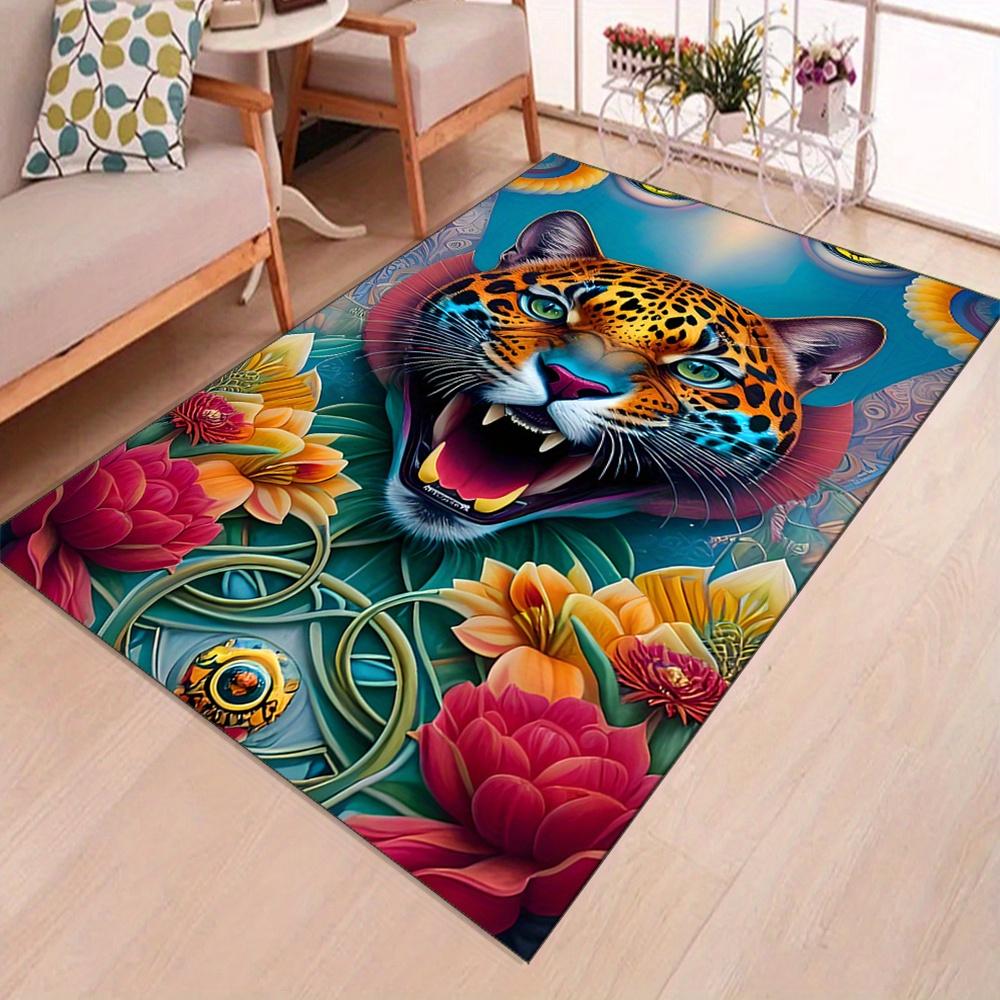 Vibrant Leopard Print Area Rug – Colorful Floral & Tiger Design, 800g/m² Crystal Velvet, Large Siz Perfect for Li