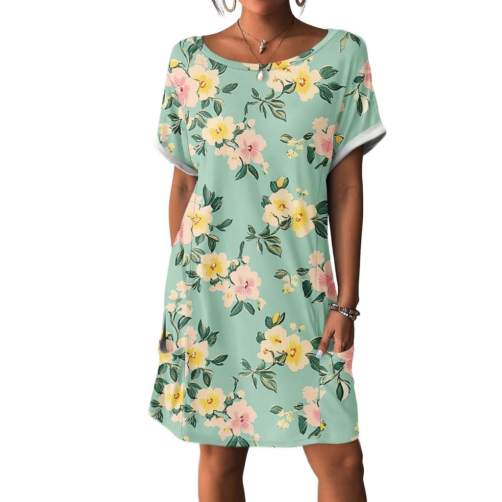 Women's Fashion Short Sleeve Dress With Pockets Floral Print Casual Beach Dress