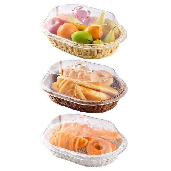 Brotkorb aus Rattanimitat mit Acryldeckel zur Aufbewahrung von Lebensmitteln, Servieren, multifunktional, gewebt