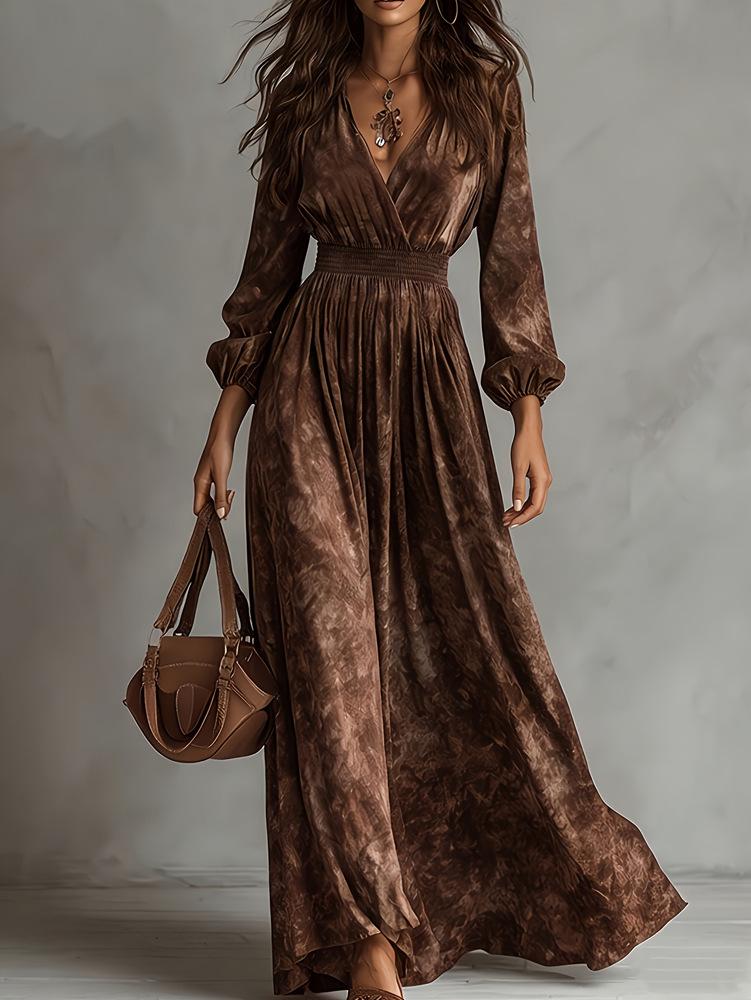 Bohemian Retro Tie-Dye V-Neck Waist-Cinching Long Skirt - 2026 Spring/Autumn Collection L